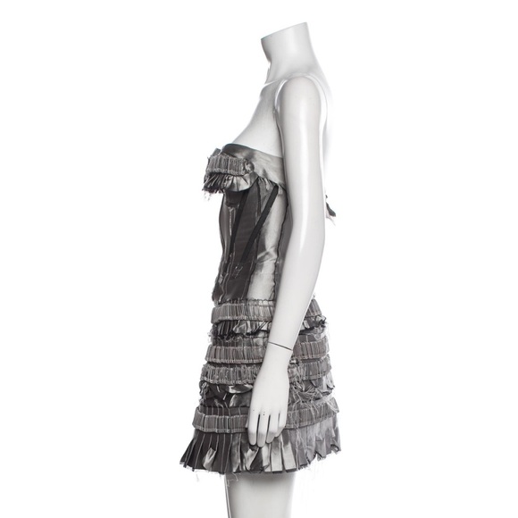 Giles Deacon Silver Metallic Silk Safety Pin Raw Hem Pleated Mini Dress - Picture 3 of 10